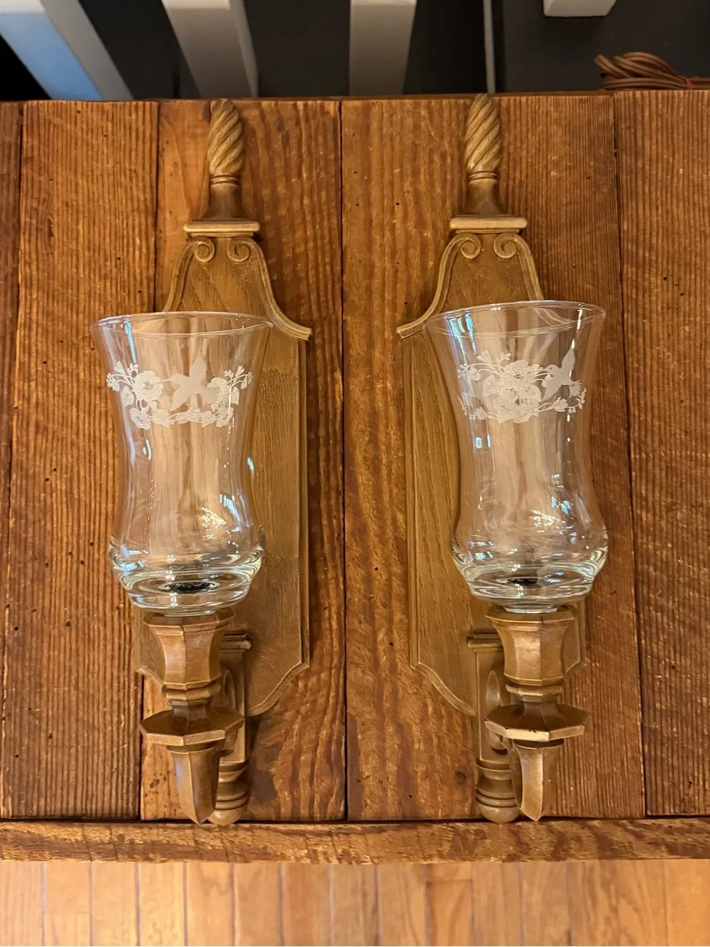 Pair of Vintage BOHO Farmhouse Candle Wall Sconces with Etched Glass Shades